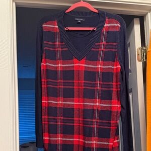 Women Navy & Red V-Neck Plaid Sweater